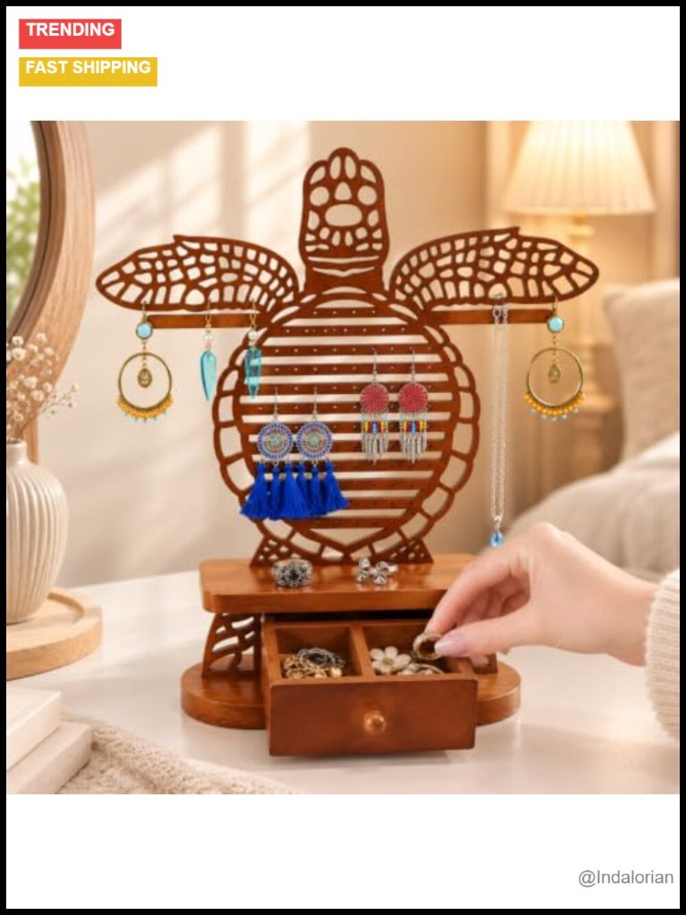Wooden Sea Turtle Stud Earring Organizer Jewelry Holder Storage Box